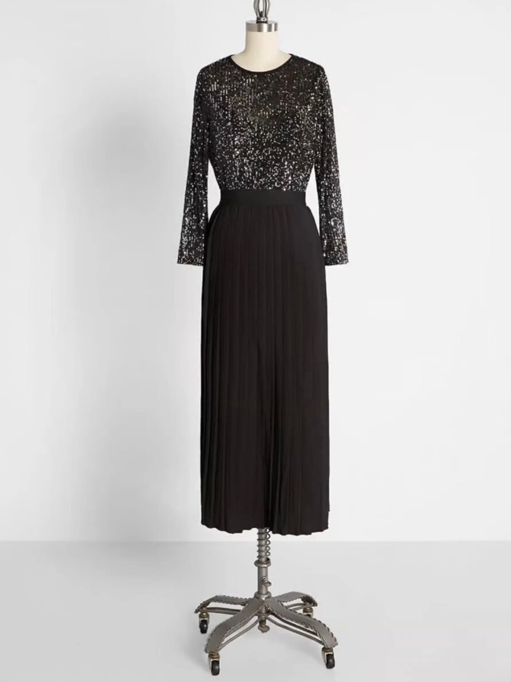 ModCloth Black Sequin Bodice Pleated Midi Dress Long Sleeve Holiday Cocktail